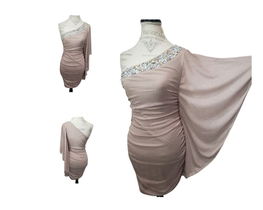 Honey & Rosie Rhinestones Crystal Gems Sparkling Off Shoulder Wing Sleeve Dress
